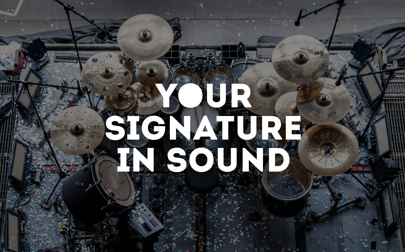 An example of Sonor's visual brand design, showing a drum kit on a stage from above, with the promotional headline "Your signature in sound" in front of it