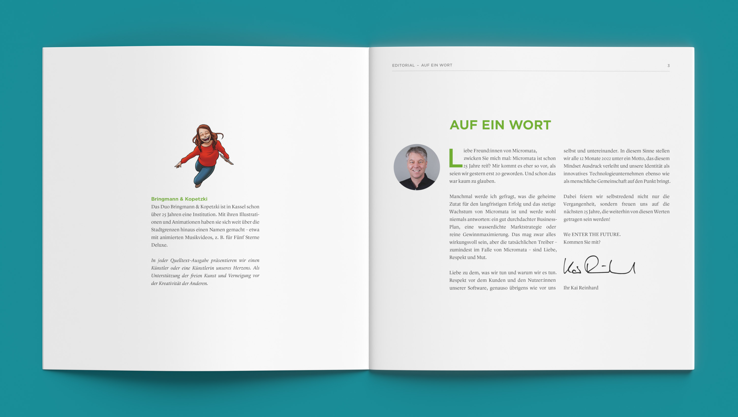 A look inside Micromata's company magazine, "Quelltext."
Editorial design and production by Machbar.