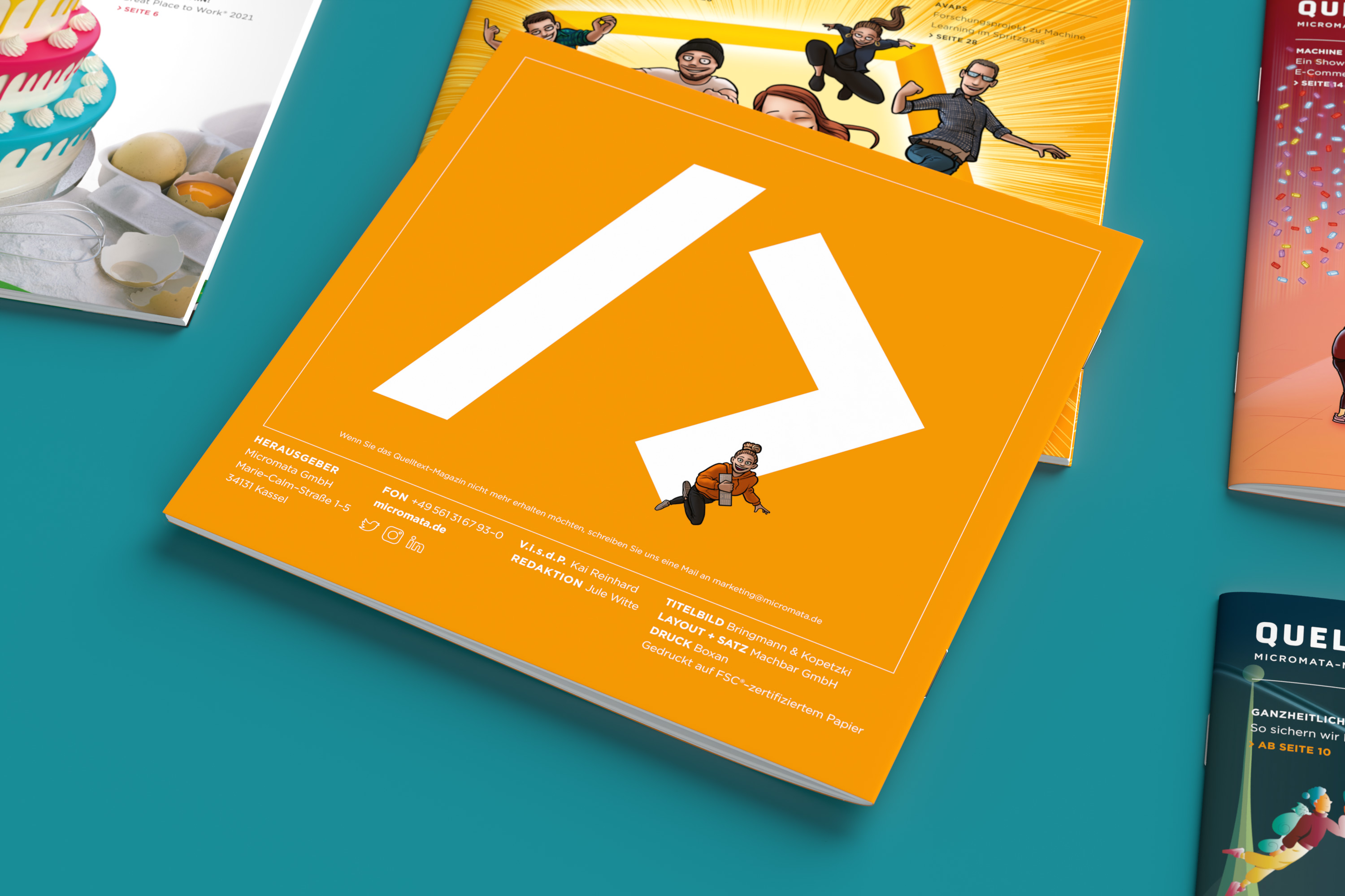 An overview of several issues of Micromata's company magazine "Quelltext." Editorial design and production by Machbar