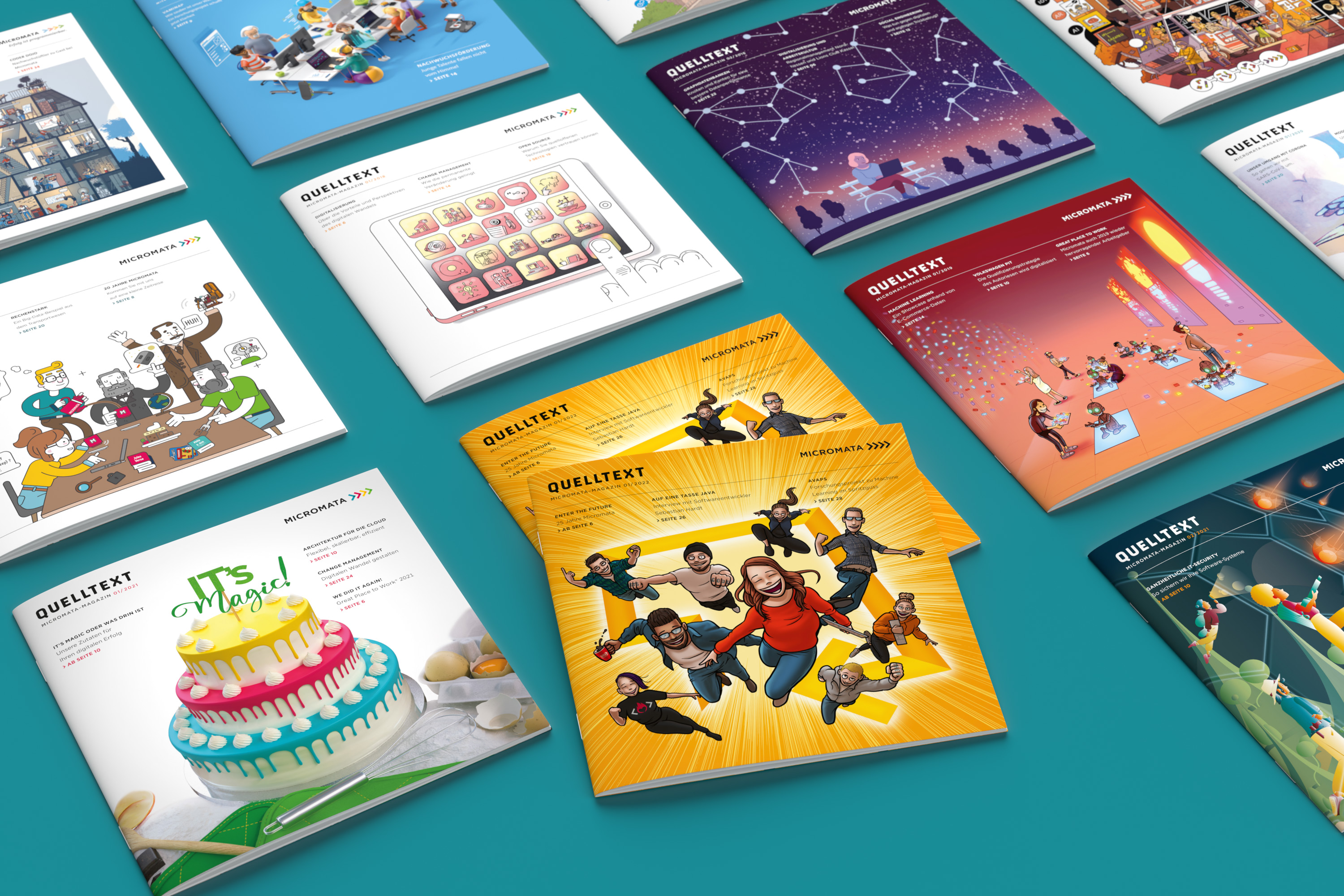 An overview of several issues of Micromata's company magazine "Quelltext." Editorial design and production by Machbar